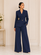 Ensemble 2 Pièces Femme – Blazer Drapé de luxe à Manches Longues et Pantalon Large Élégant