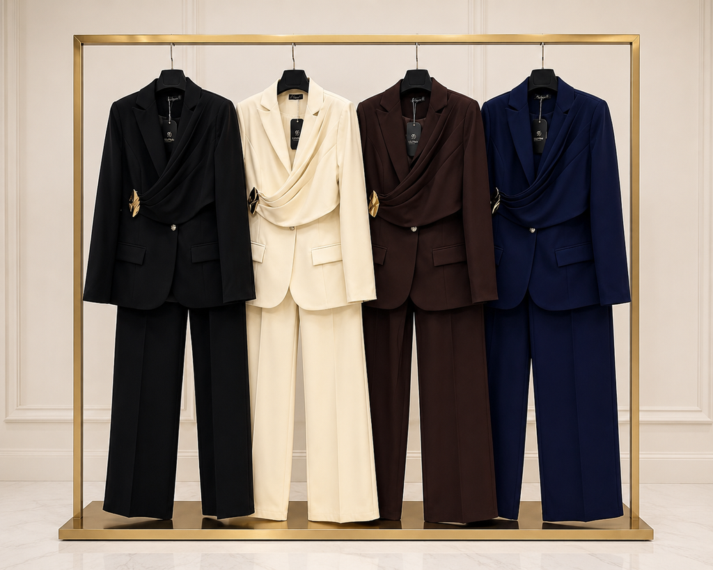 Ensemble 2 Pièces Femme – Blazer Drapé de luxe à Manches Longues et Pantalon Large Élégant