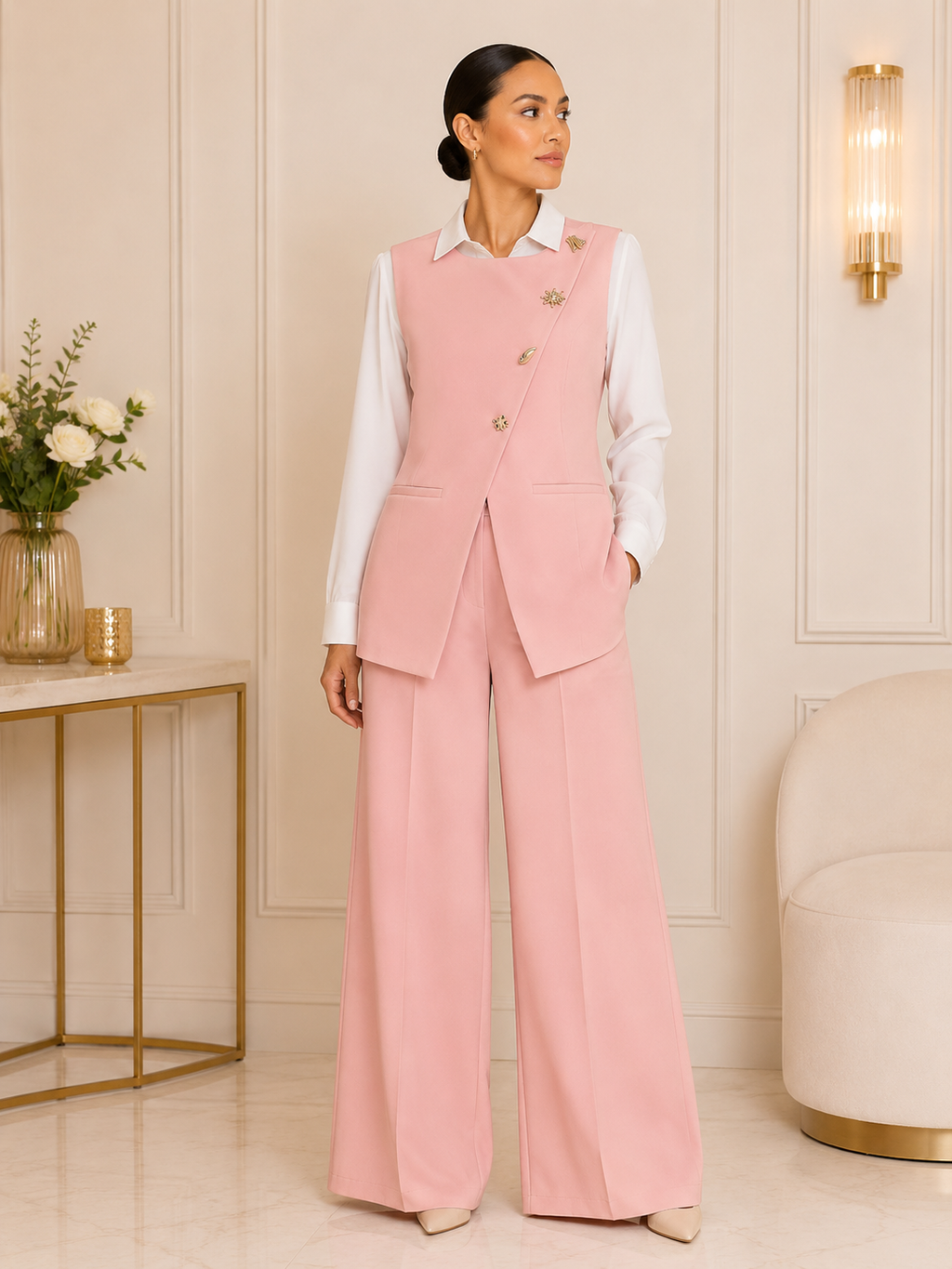 Ensemble Femme Élégant 3 Pièces avec Gilet Croisé Sans Manches, Chemise Blanche à Col et Pantalon Droit