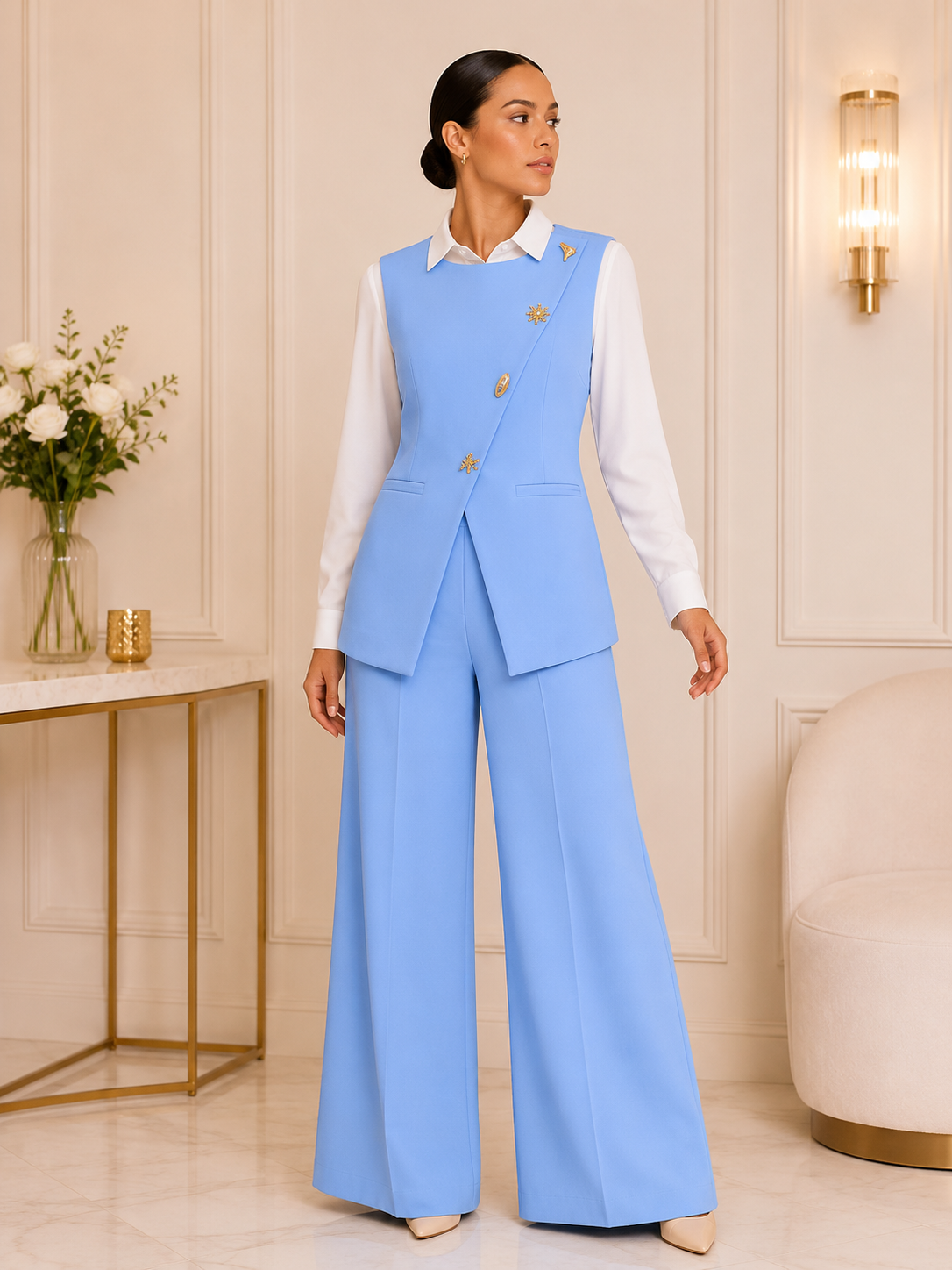 Ensemble Femme Élégant 3 Pièces avec Gilet Croisé Sans Manches, Chemise Blanche à Col et Pantalon Droit