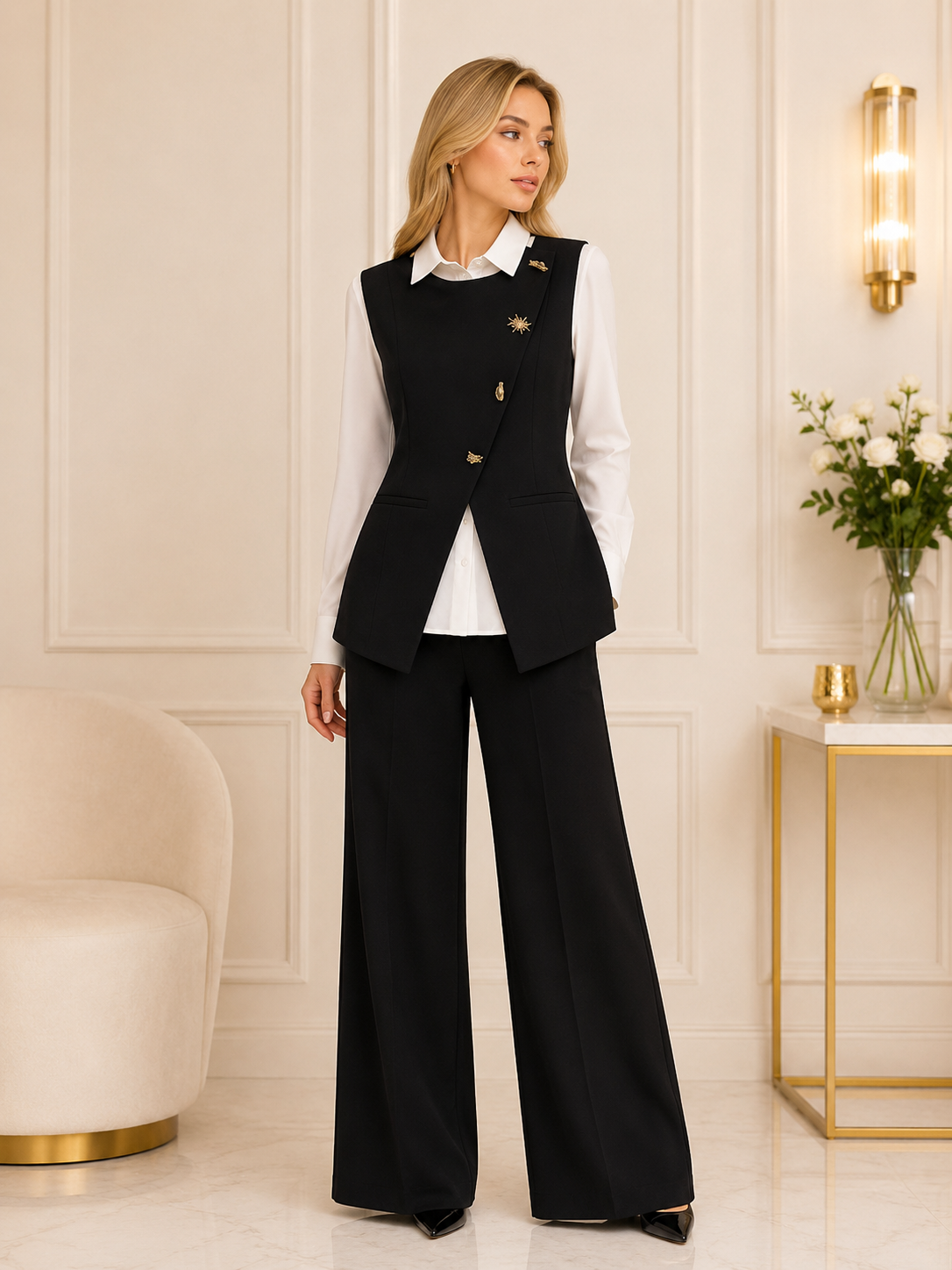 Ensemble Femme Élégant 3 Pièces avec Gilet Croisé Sans Manches, Chemise Blanche à Col et Pantalon Droit