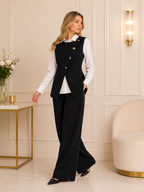Ensemble Femme Élégant 3 Pièces avec Gilet Croisé Sans Manches, Chemise Blanche à Col et Pantalon Droit