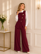 Ensemble Femme Élégant 3 Pièces avec Gilet Croisé Sans Manches, Chemise Blanche à Col et Pantalon Droit