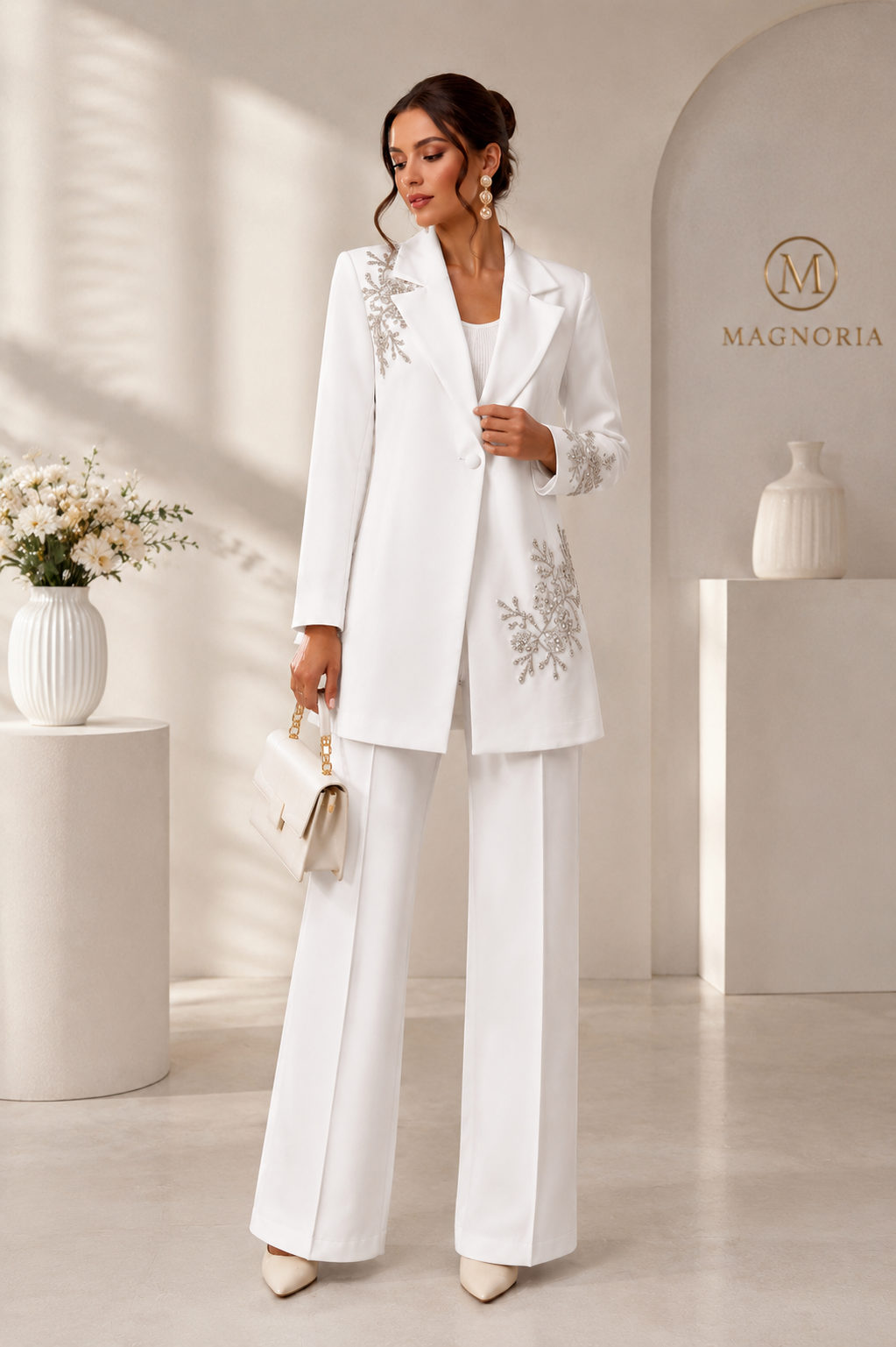 Ensemble Luxe Femme Brodé de Perles – Blazer Long Haute Finition & Pantalon Large Élégant