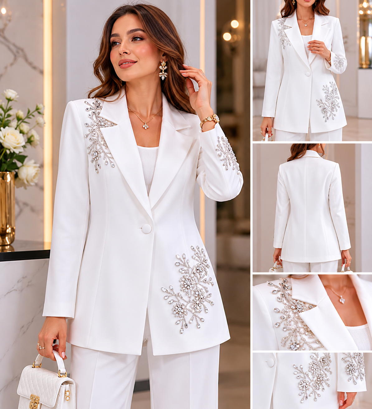 Ensemble Luxe Femme Brodé de Perles – Blazer Long Haute Finition & Pantalon Large Élégant