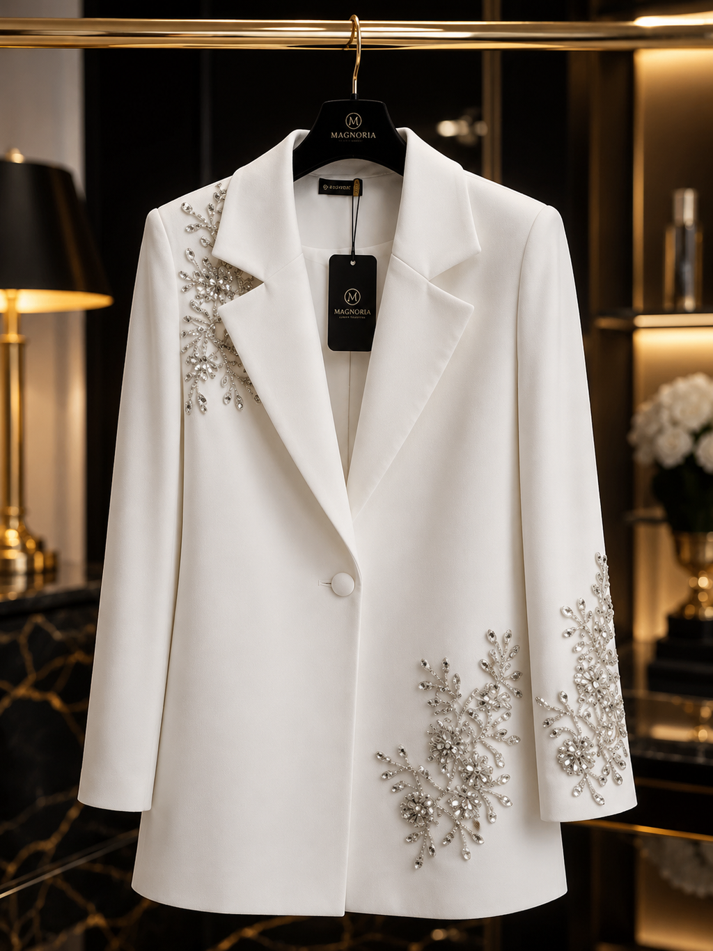 Ensemble Luxe Femme Brodé de Perles – Blazer Long Haute Finition & Pantalon Large Élégant