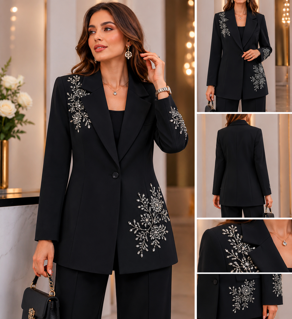 Ensemble Luxe Femme Brodé de Perles – Blazer Long Haute Finition & Pantalon Large Élégant