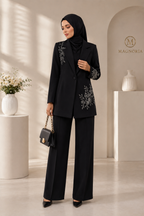 Ensemble Luxe Femme Brodé de Perles – Blazer Long Haute Finition & Pantalon Large Élégant