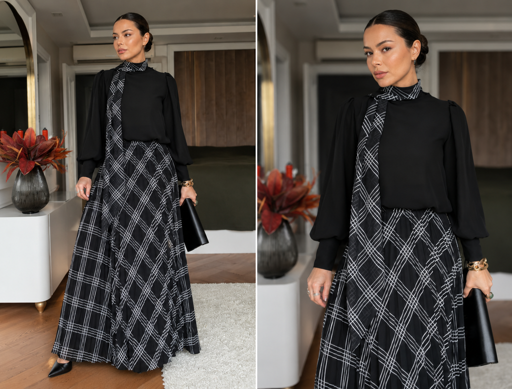 Ensemble Élégant 2 Pièces – Col Assorti avec la Jupe Plissée