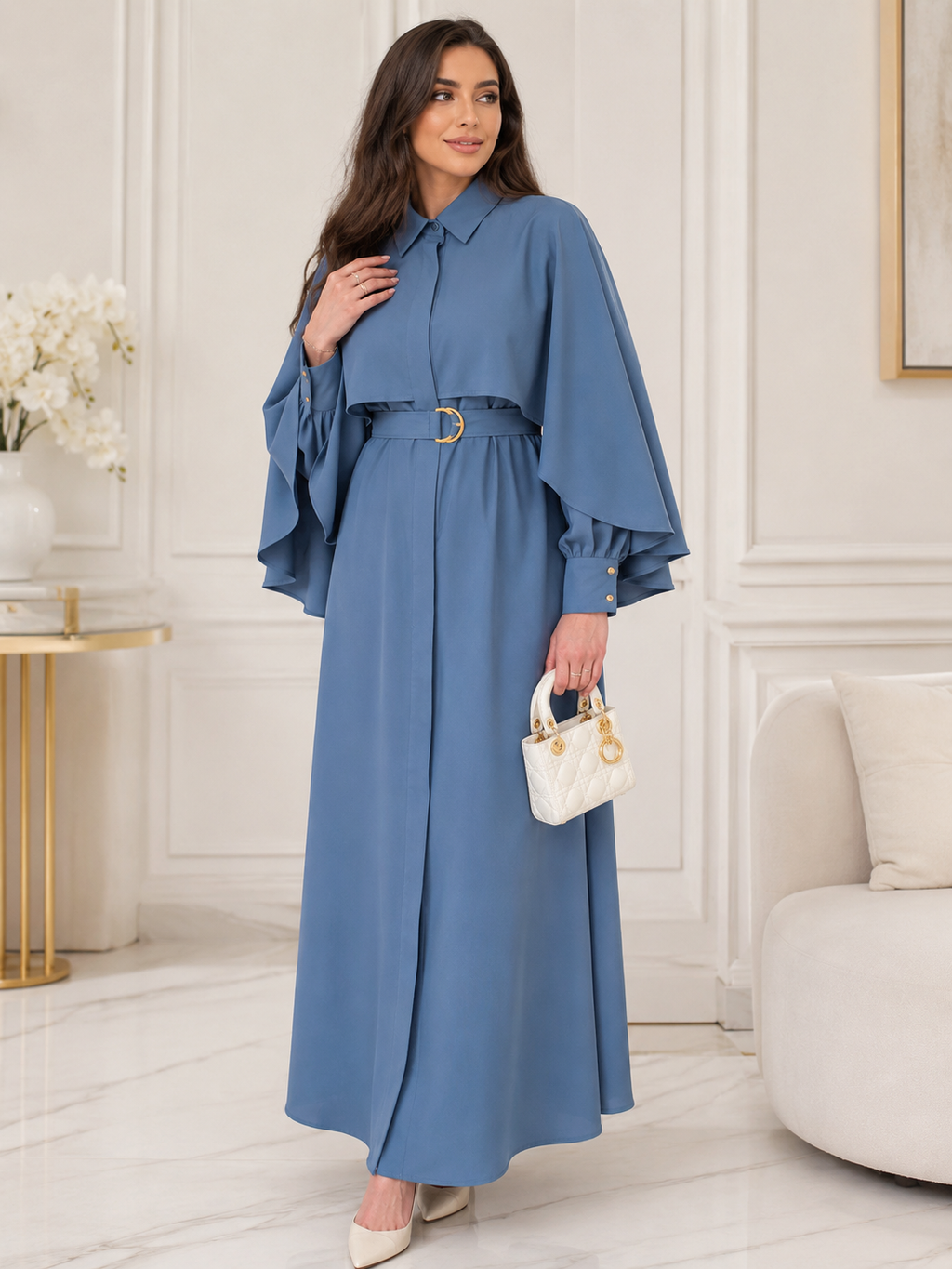 Robe Elégante– Coupe Exclusive Effet Cape & Ceinture Intégrée