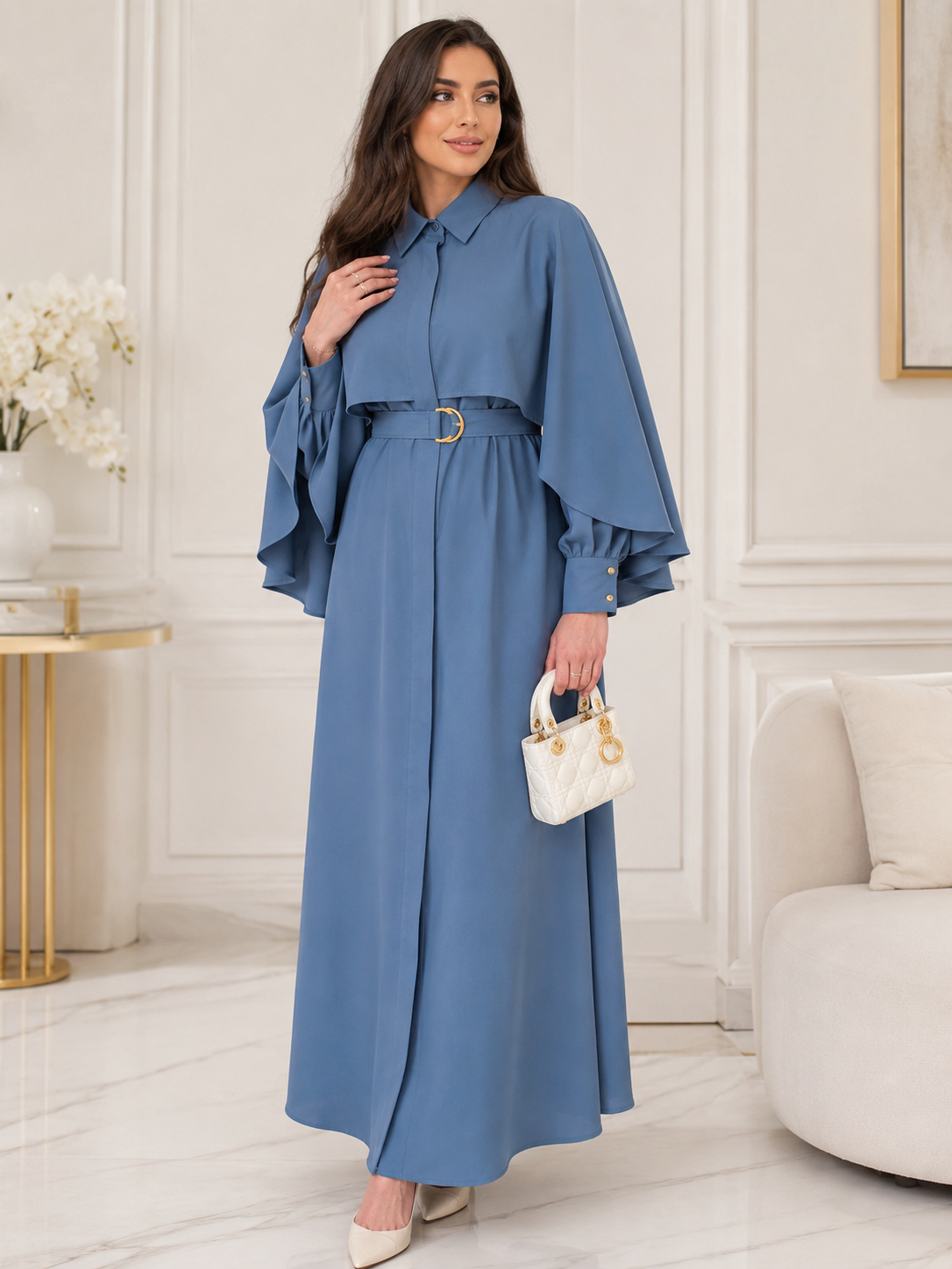 Robe Elégante– Coupe Exclusive Effet Cape & Ceinture Intégrée