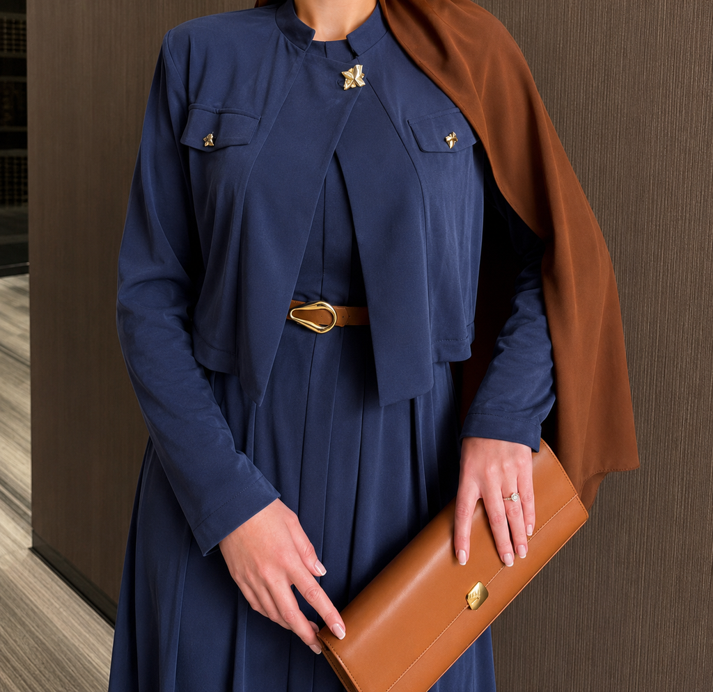 Ensemble Élégance Royale 2 Pièces – Veste Courte Structurée & Robe Longue Fluide