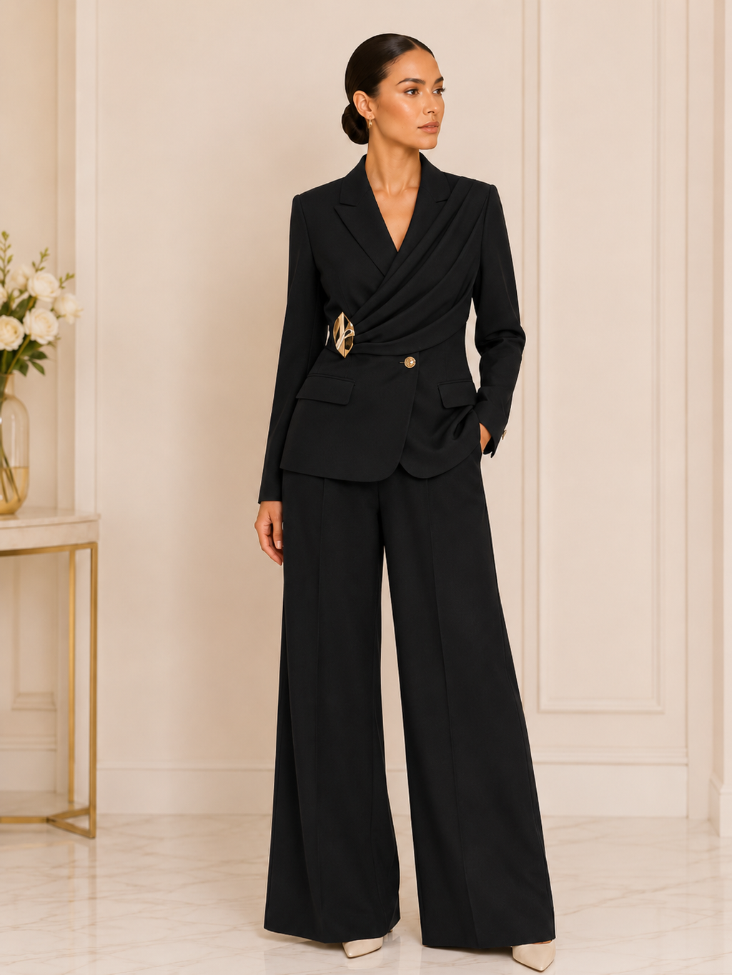 Ensemble 2 Pièces Femme – Blazer Drapé de luxe à Manches Longues et Pantalon Large Élégant