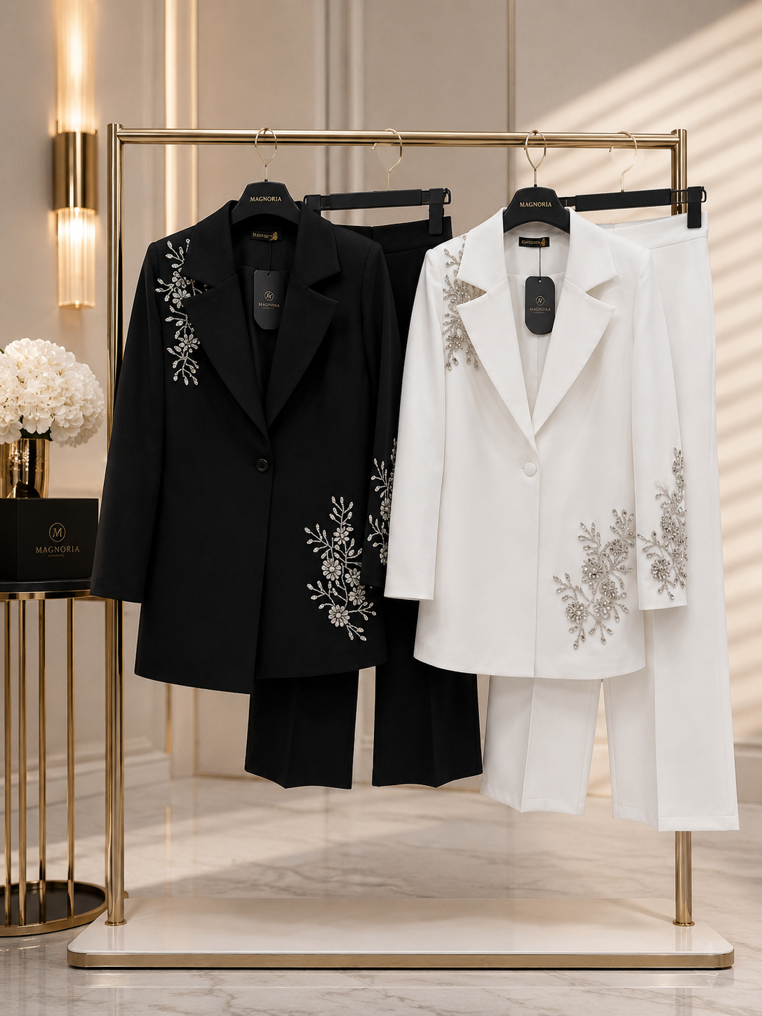 Ensemble Luxe Femme Brodé de Perles – Blazer Long Haute Finition & Pantalon Large Élégant