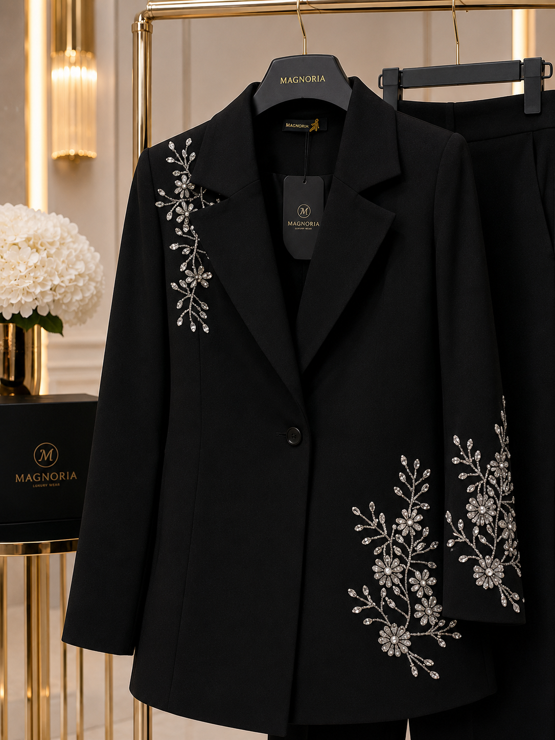 Ensemble Luxe Femme Brodé de Perles – Blazer Long Haute Finition & Pantalon Large Élégant
