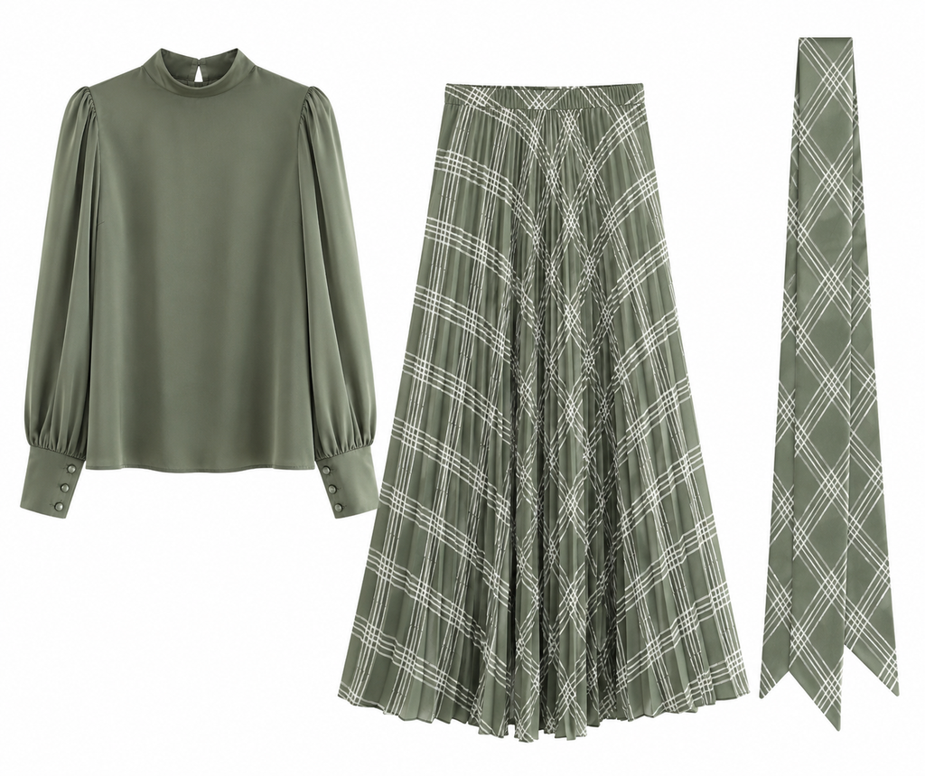 Ensemble Élégant 2 Pièces – Col Assorti avec la Jupe Plissée