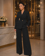 Ensemble 2 Pièces Femme – Blazer Drapé de luxe à Manches Longues et Pantalon Large Élégant