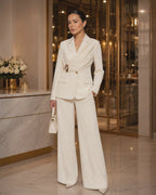 Ensemble 2 Pièces Femme – Blazer Drapé de luxe à Manches Longues et Pantalon Large Élégant