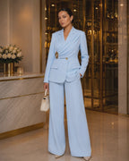 Ensemble 2 Pièces Femme – Blazer Drapé de luxe à Manches Longues et Pantalon Large Élégant