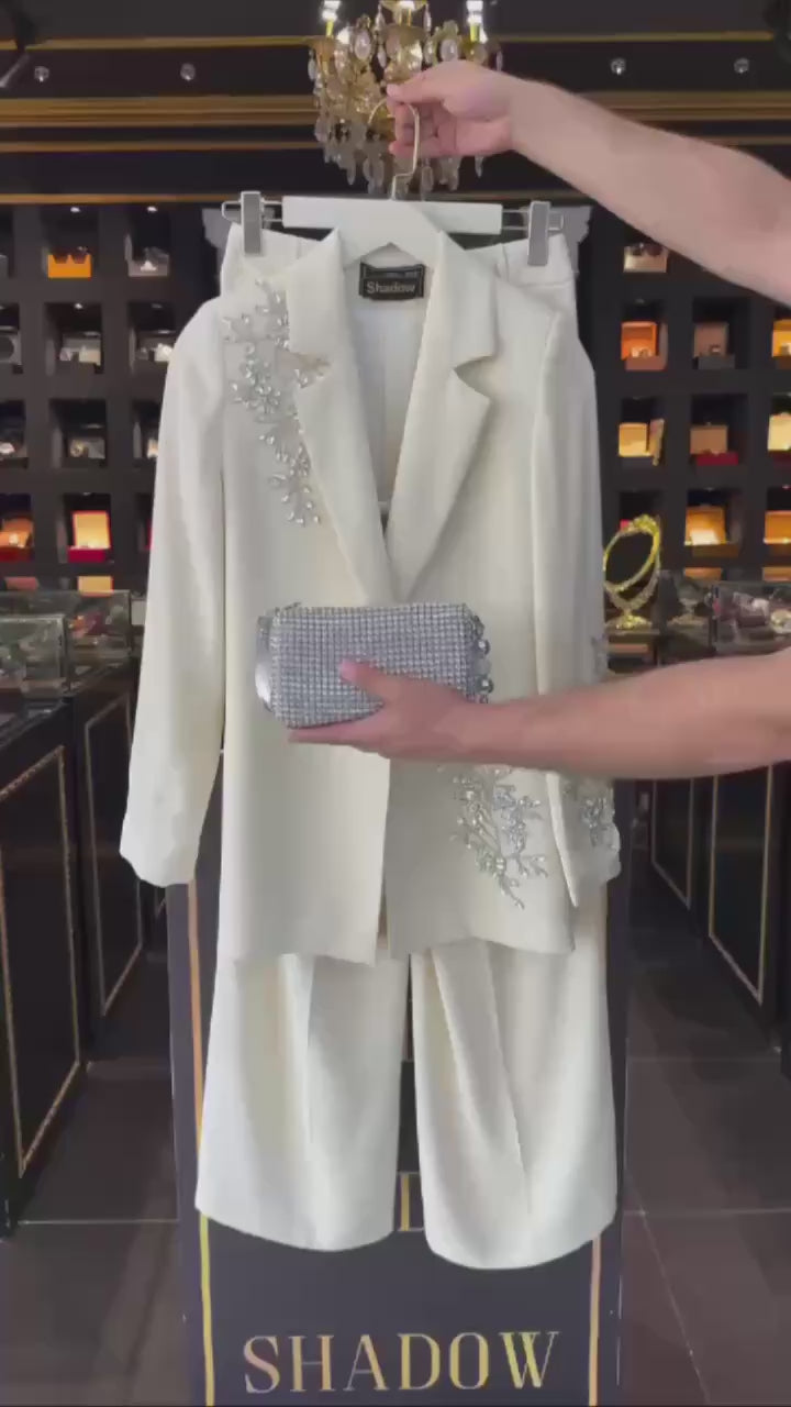 Ensemble Luxe Femme Brodé de Perles – Blazer Long Haute Finition & Pantalon Large Élégant